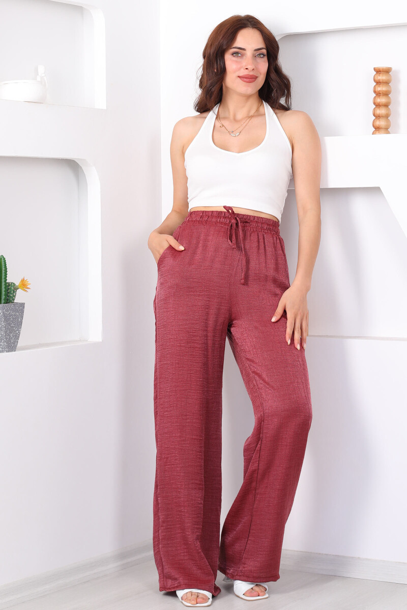 Beli Bağlamalı Bol Paça Işıltılı Bürümcük Saten Gül Kurusu Kadın Pantolon - 4