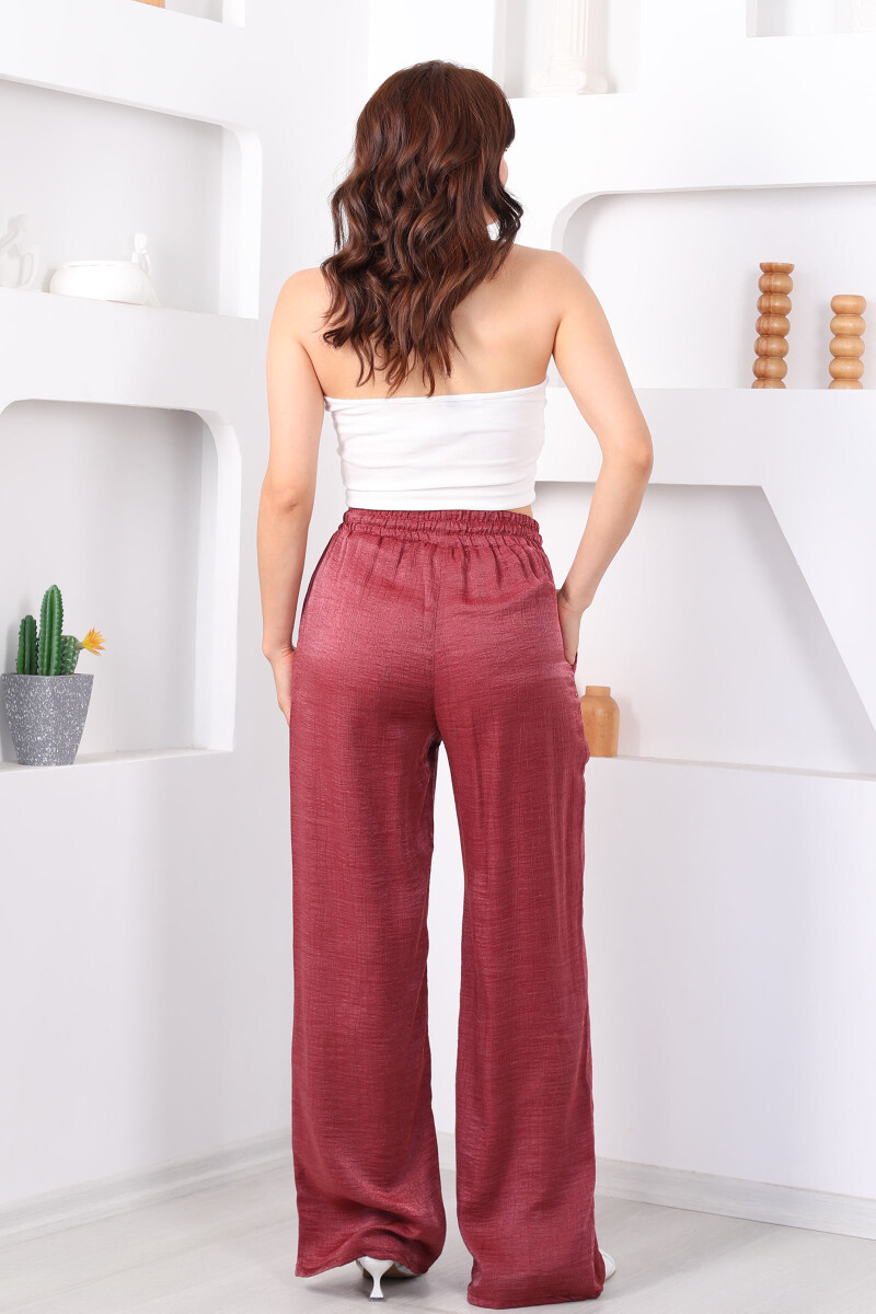 Beli Bağlamalı Bol Paça Işıltılı Bürümcük Saten Gül Kurusu Kadın Pantolon - 5