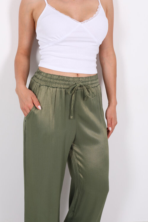 Beli Bağlamalı Bol Paça Işıltılı Bürümcük Saten Haki Kadın Pantolon - Berox (1)