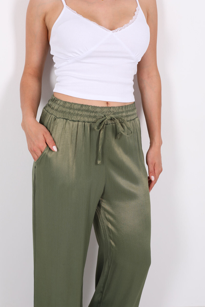 Beli Bağlamalı Bol Paça Işıltılı Bürümcük Saten Haki Kadın Pantolon - 2