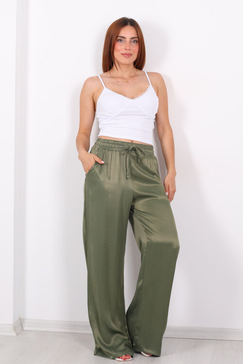 Beli Bağlamalı Bol Paça Işıltılı Bürümcük Saten Haki Kadın Pantolon - 4