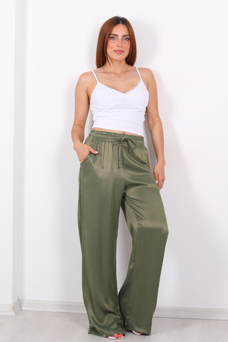 Beli Bağlamalı Bol Paça Işıltılı Bürümcük Saten Haki Kadın Pantolon - 4