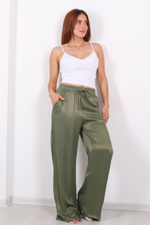 Beli Bağlamalı Bol Paça Işıltılı Bürümcük Saten Haki Kadın Pantolon - 3