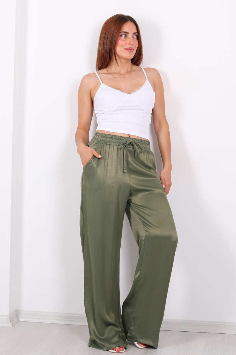 Beli Bağlamalı Bol Paça Işıltılı Bürümcük Saten Haki Kadın Pantolon - 3