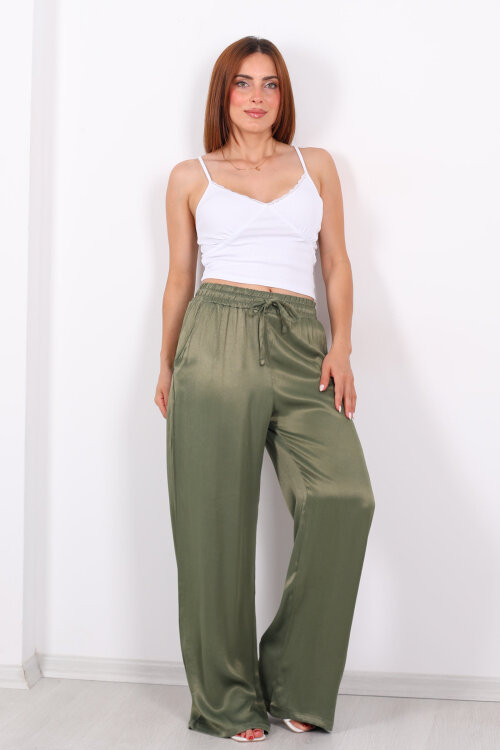 Beli Bağlamalı Bol Paça Işıltılı Bürümcük Saten Haki Kadın Pantolon - Berox