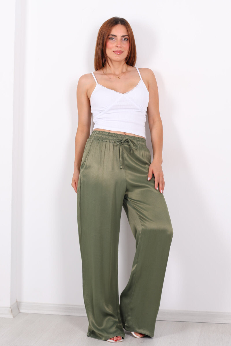 Beli Bağlamalı Bol Paça Işıltılı Bürümcük Saten Haki Kadın Pantolon - 1