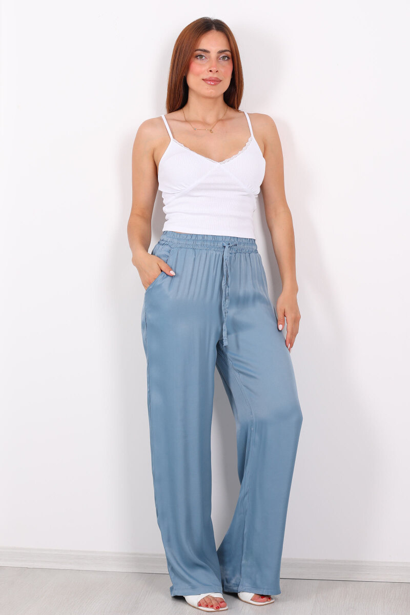Beli Bağlamalı Bol Paça Işıltılı Bürümcük Saten Mavi Kadın Pantolon - 3
