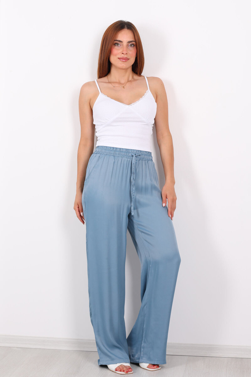 Beli Bağlamalı Bol Paça Işıltılı Bürümcük Saten Mavi Kadın Pantolon - 4
