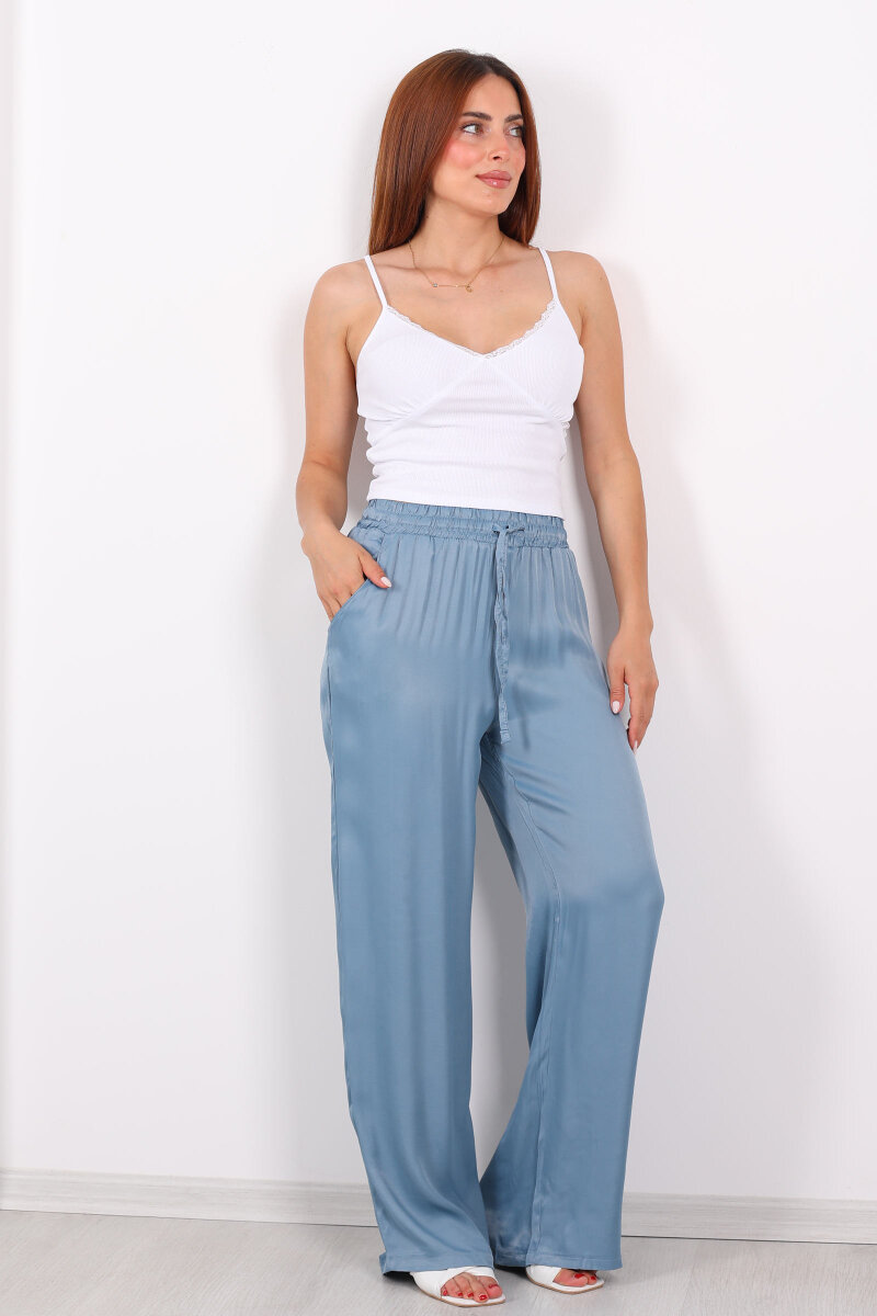 Beli Bağlamalı Bol Paça Işıltılı Bürümcük Saten Mavi Kadın Pantolon - 1