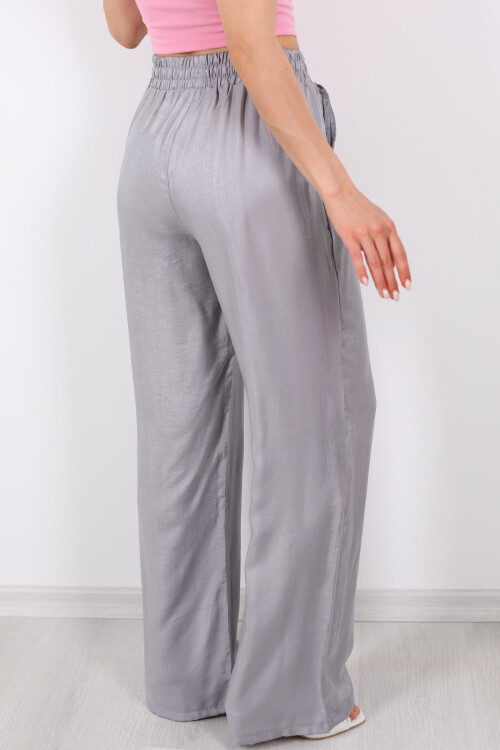 Beli Bağlamalı Bol Paça Işıltılı Saten Antrasit Kadın Pantolon - 5