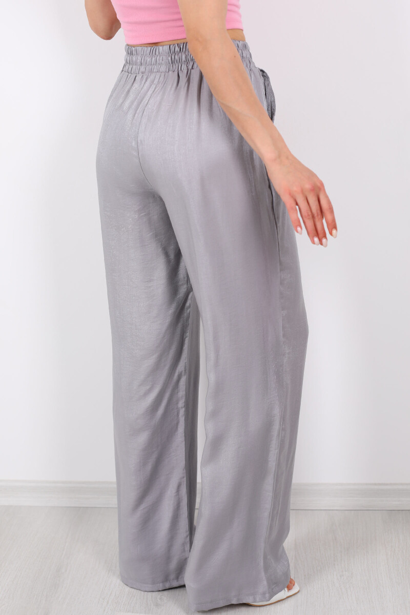Beli Bağlamalı Bol Paça Işıltılı Saten Antrasit Kadın Pantolon - 5