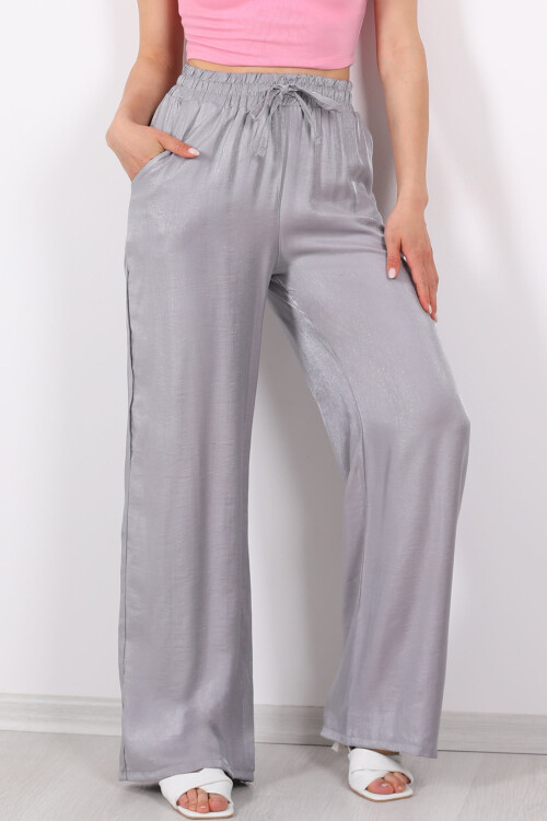 Beli Bağlamalı Bol Paça Işıltılı Saten Antrasit Kadın Pantolon - Berox (1)