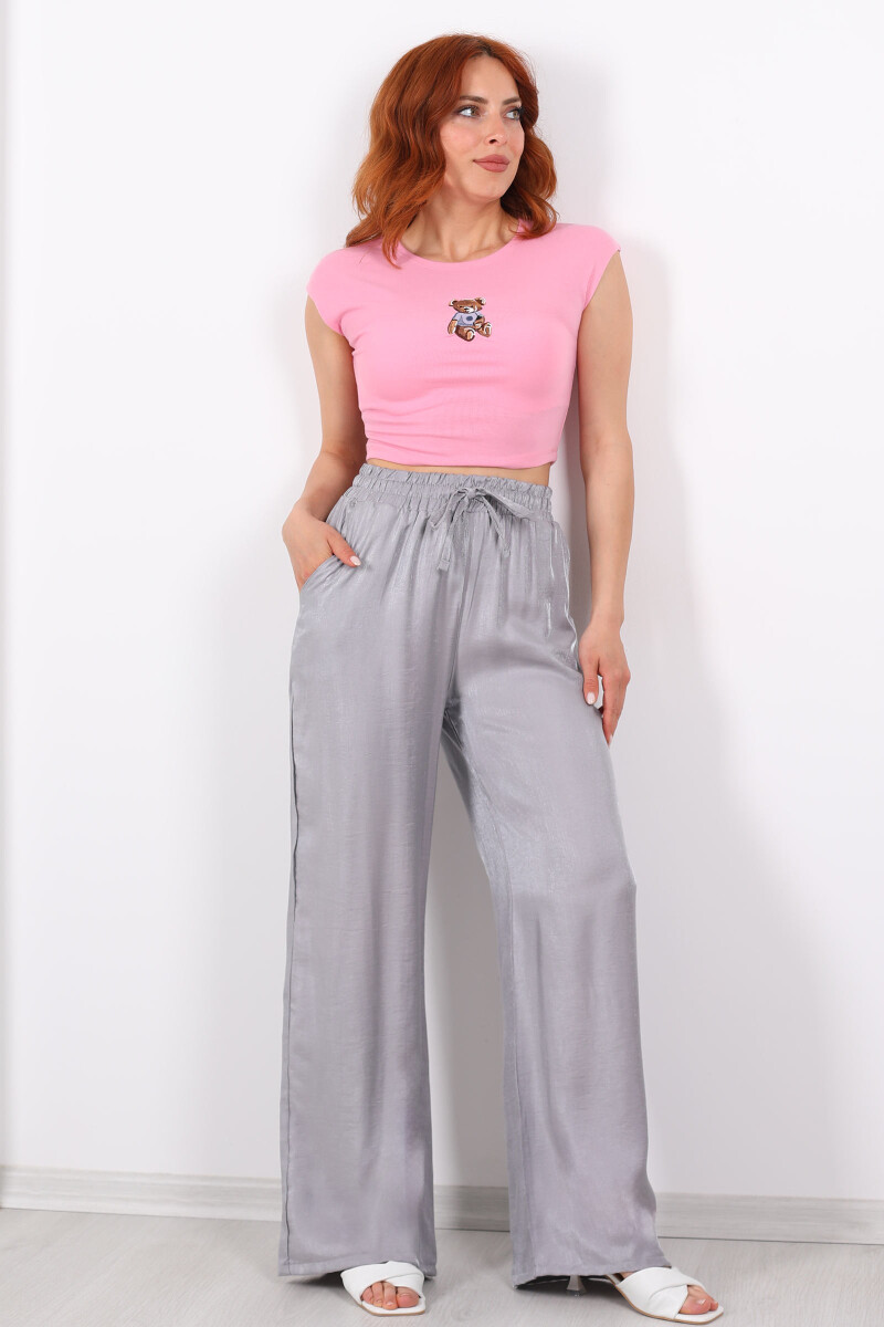 Beli Bağlamalı Bol Paça Işıltılı Saten Antrasit Kadın Pantolon - 4