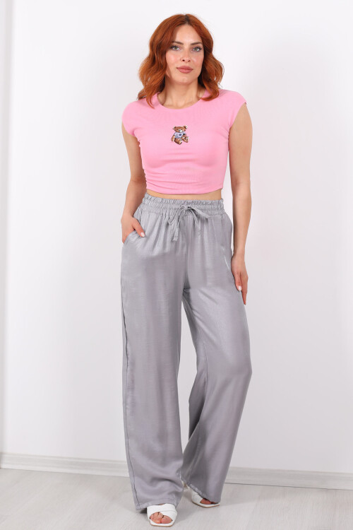 Beli Bağlamalı Bol Paça Işıltılı Saten Antrasit Kadın Pantolon - 3