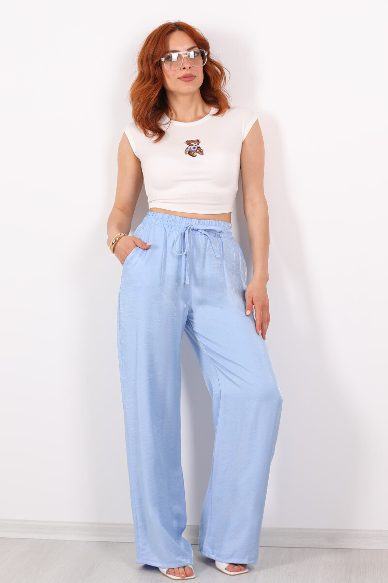 Beli Bağlamalı Bol Paça Işıltılı Saten Bebe Mavisi Kadın Pantolon - 3