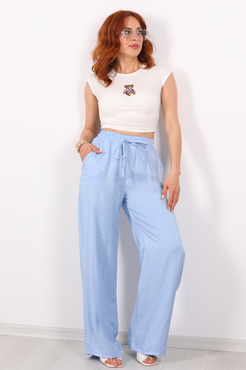Beli Bağlamalı Bol Paça Işıltılı Saten Bebe Mavisi Kadın Pantolon - 4