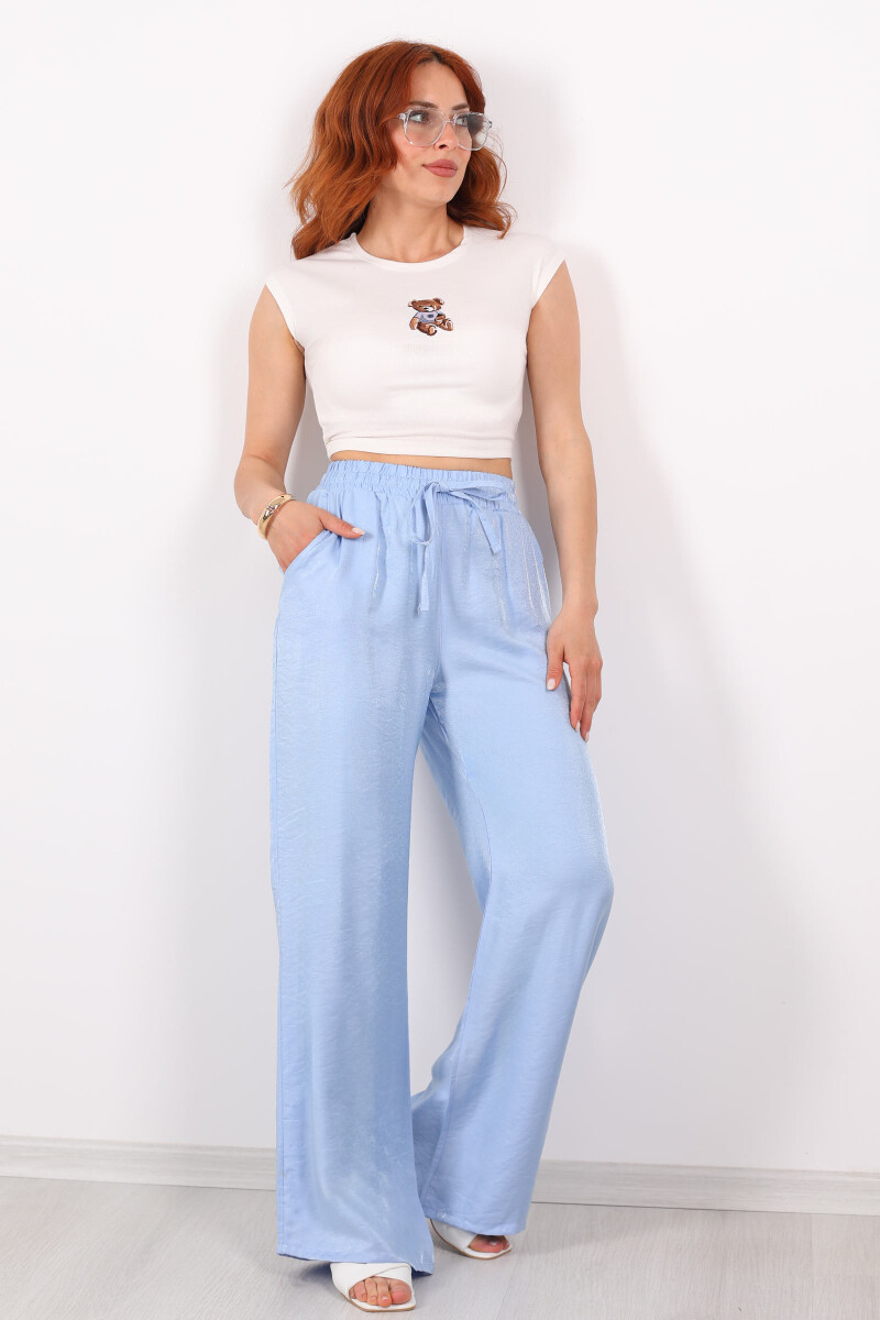 Beli Bağlamalı Bol Paça Işıltılı Saten Bebe Mavisi Kadın Pantolon - 1