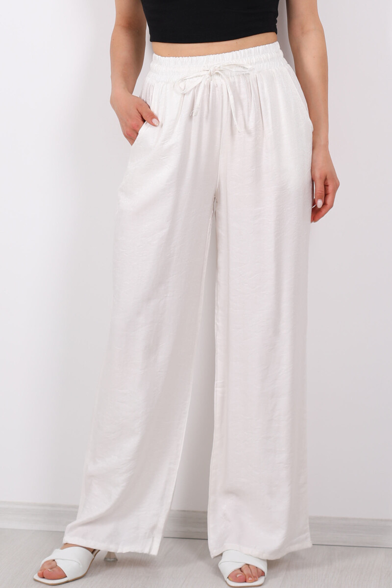 Beli Bağlamalı Bol Paça Işıltılı Saten Ekru Kadın Pantolon - 2