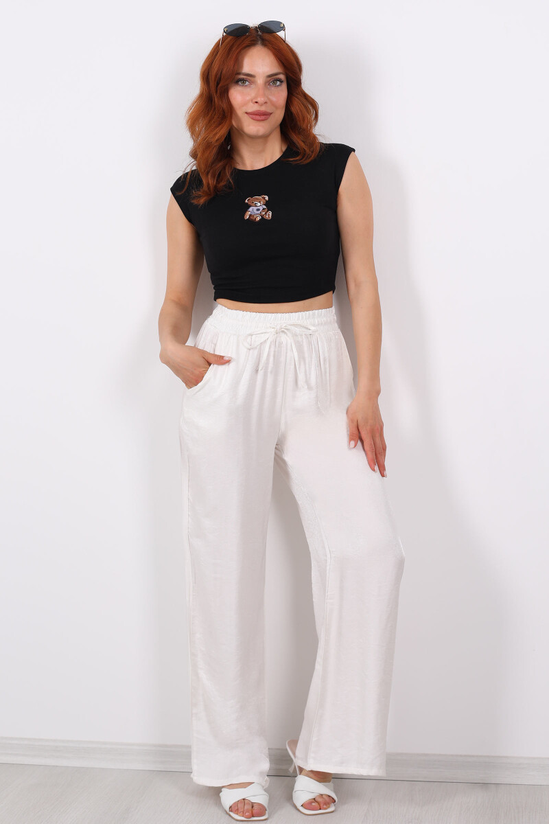 Beli Bağlamalı Bol Paça Işıltılı Saten Ekru Kadın Pantolon - 4