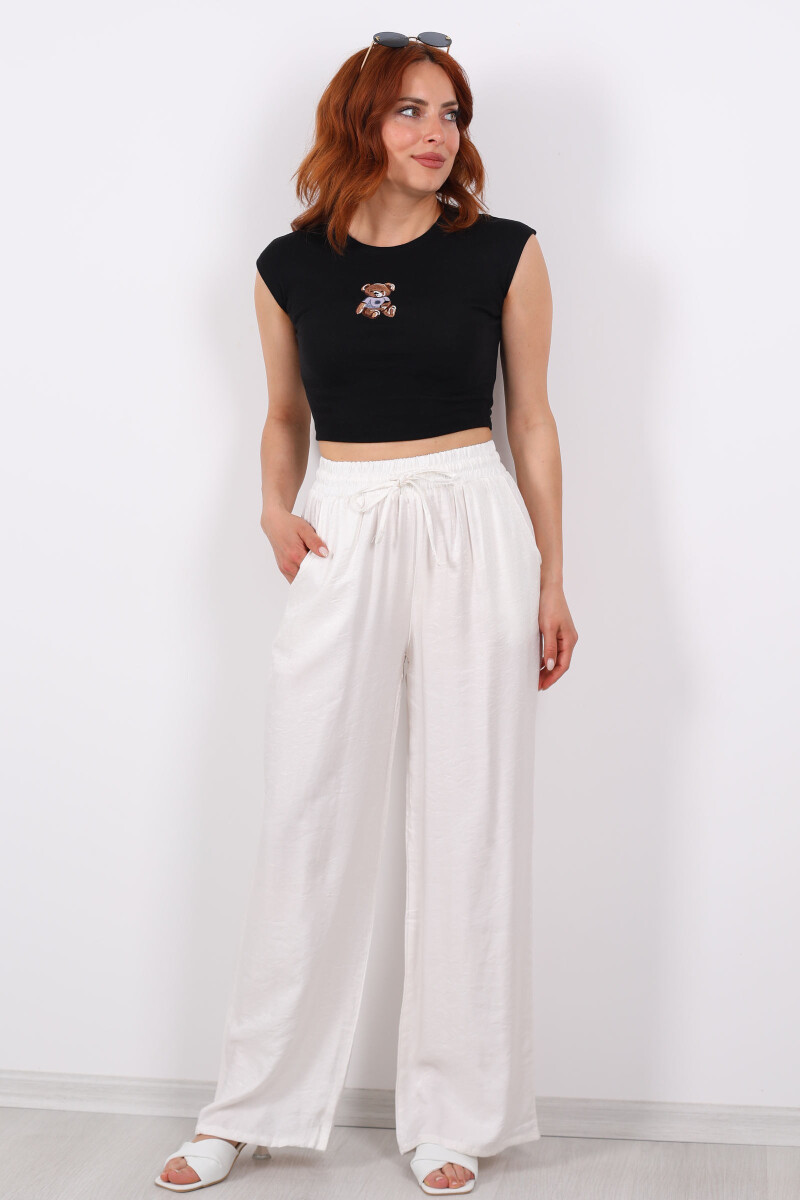 Beli Bağlamalı Bol Paça Işıltılı Saten Ekru Kadın Pantolon - 6