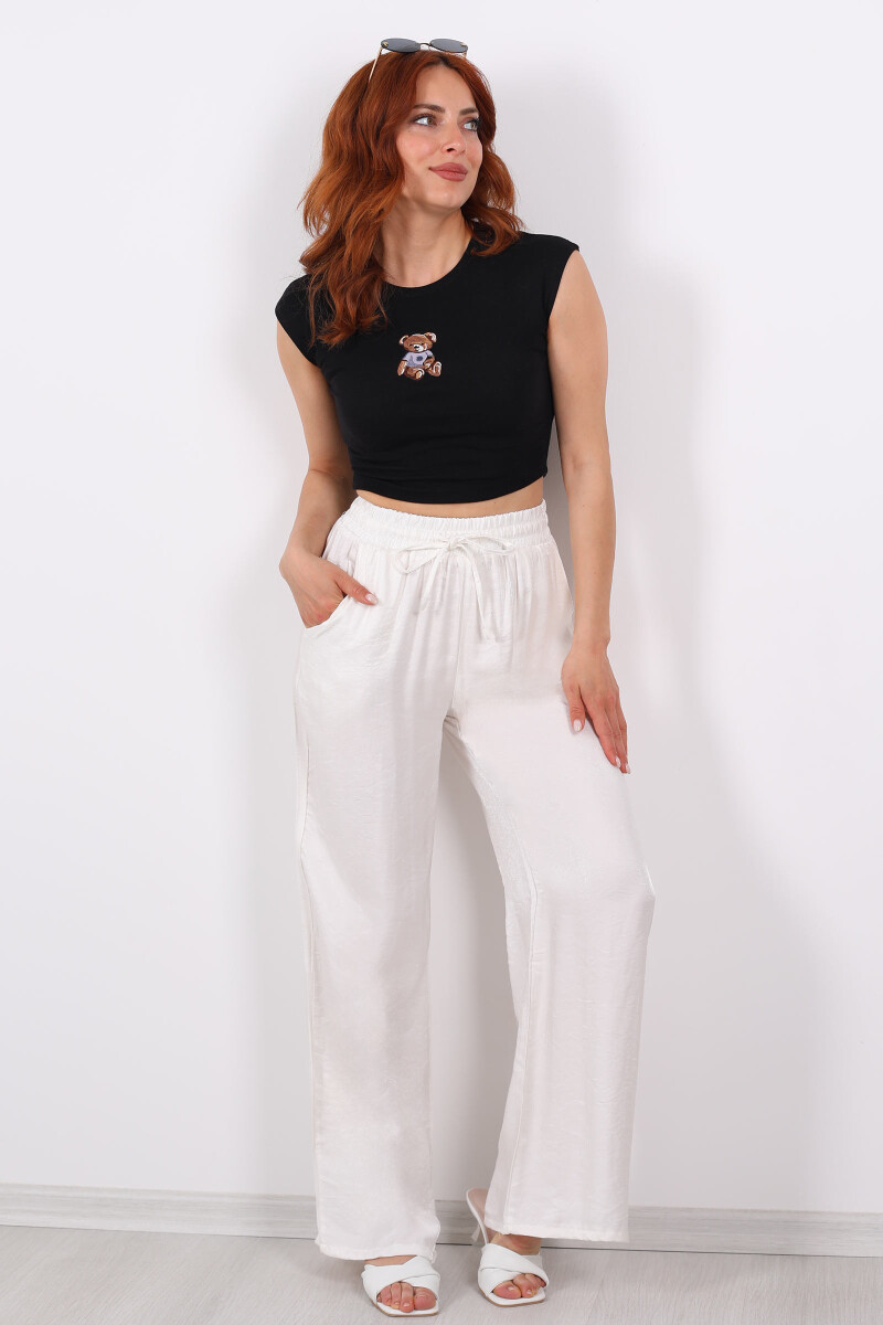 Beli Bağlamalı Bol Paça Işıltılı Saten Ekru Kadın Pantolon - 3
