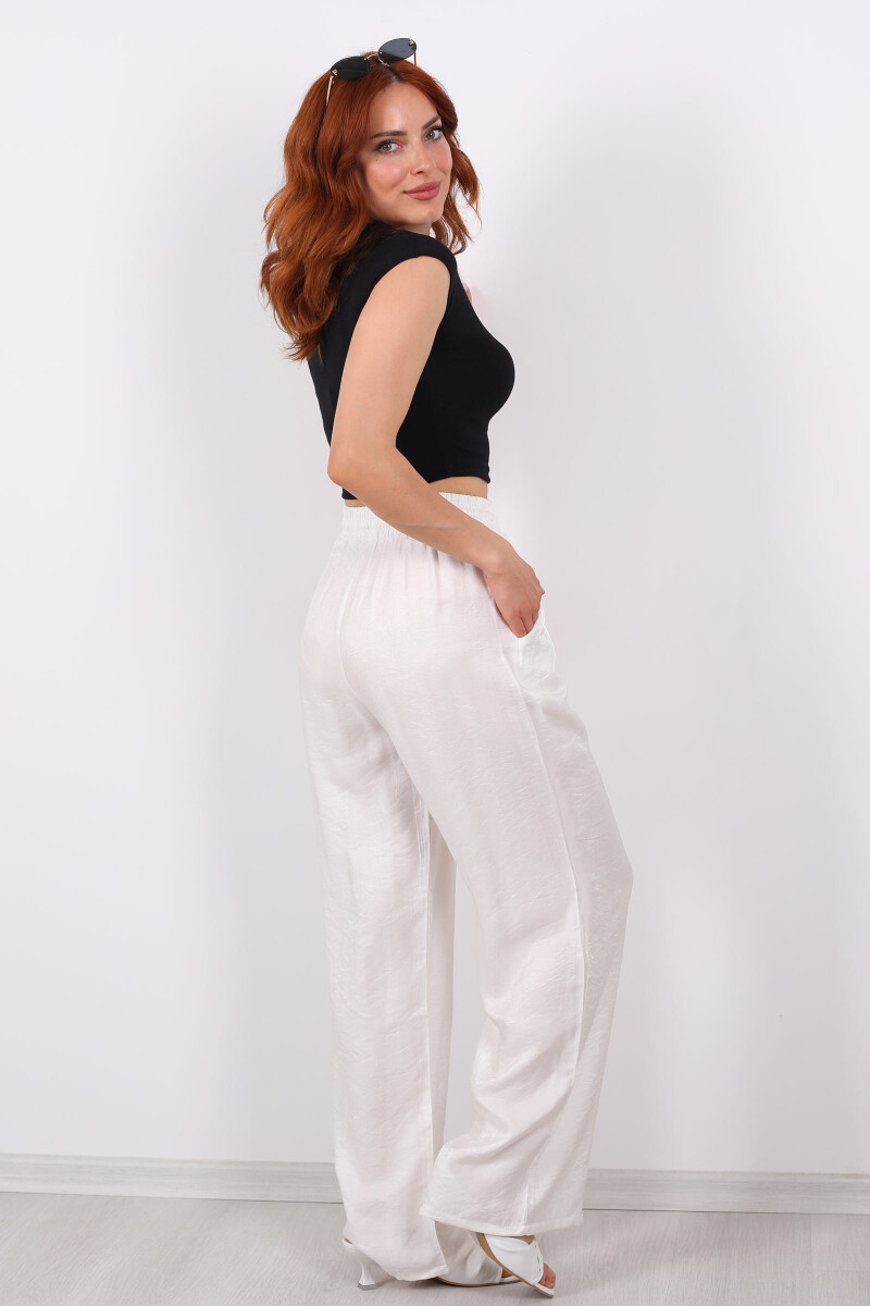 Beli Bağlamalı Bol Paça Işıltılı Saten Ekru Kadın Pantolon - 5