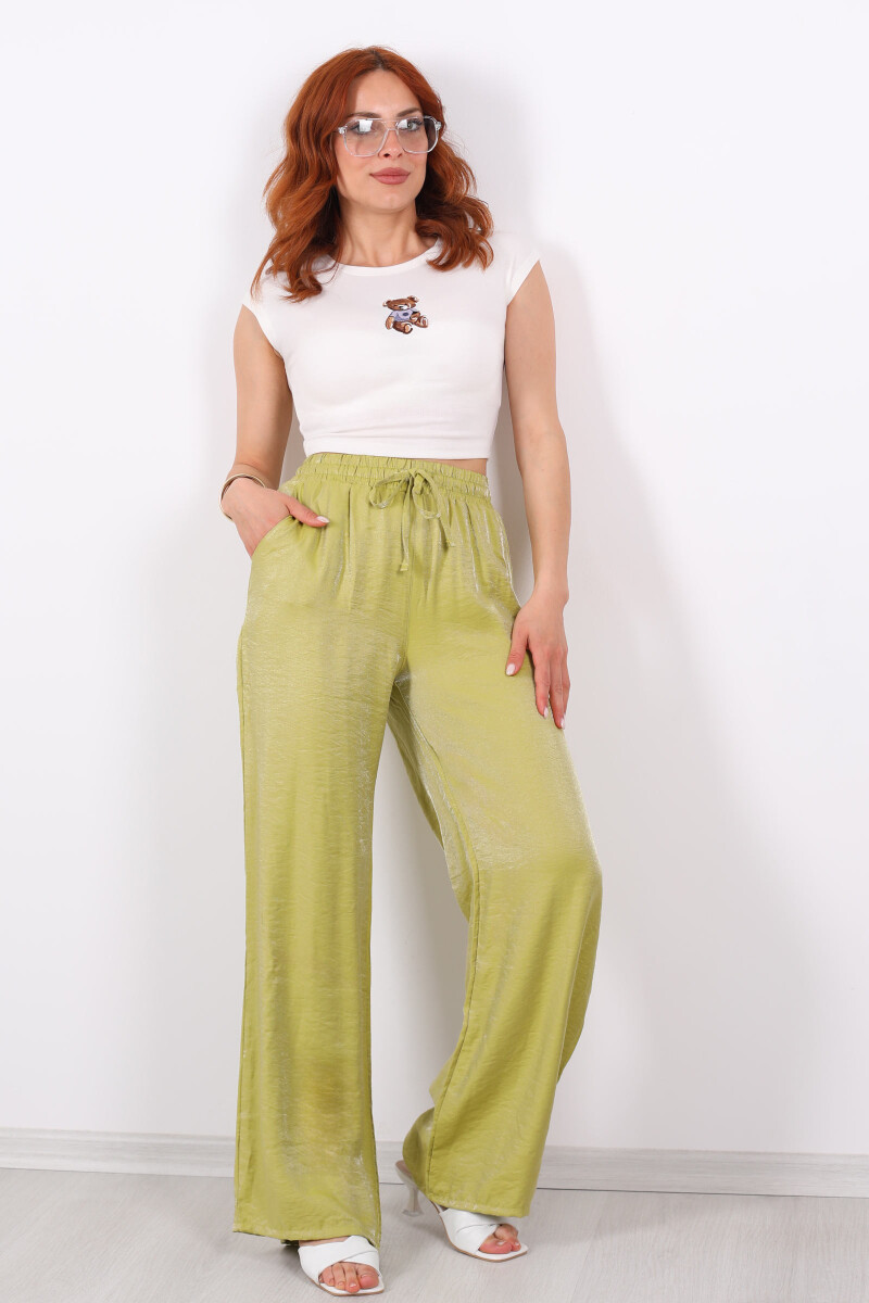 Beli Bağlamalı Bol Paça Işıltılı Saten Fıstık Yeşili Kadın Pantolon - 1