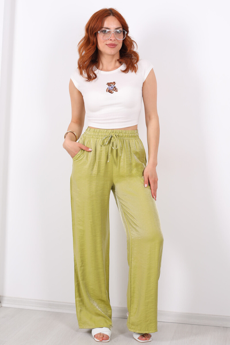 Beli Bağlamalı Bol Paça Işıltılı Saten Fıstık Yeşili Kadın Pantolon - 4