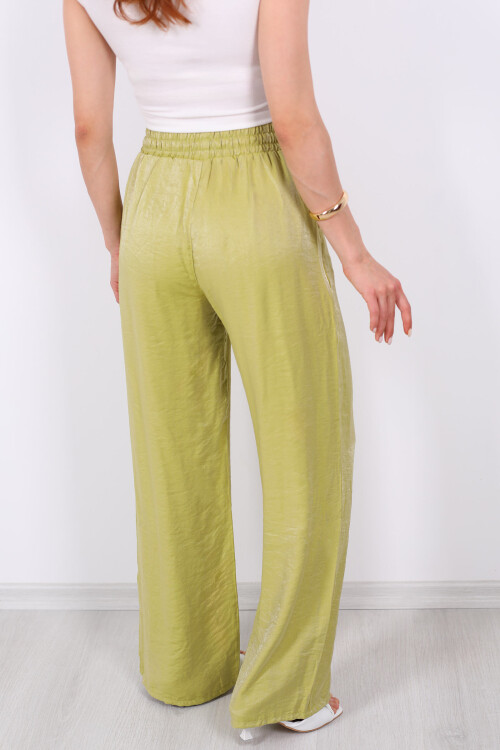 Beli Bağlamalı Bol Paça Işıltılı Saten Fıstık Yeşili Kadın Pantolon - 5