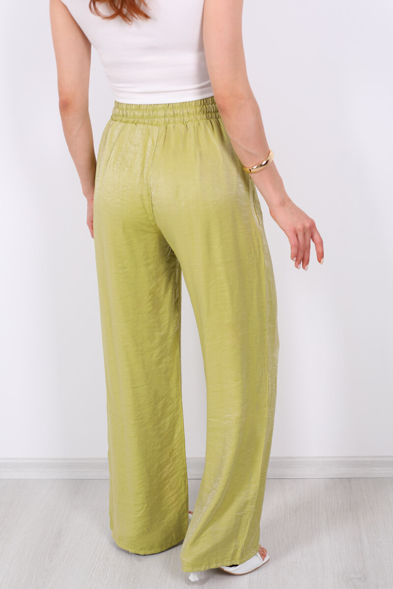 Beli Bağlamalı Bol Paça Işıltılı Saten Fıstık Yeşili Kadın Pantolon - 5