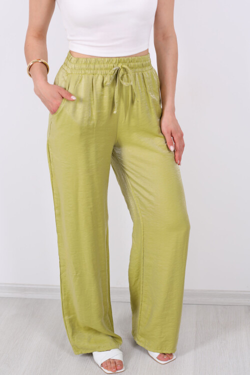 Beli Bağlamalı Bol Paça Işıltılı Saten Fıstık Yeşili Kadın Pantolon - 2