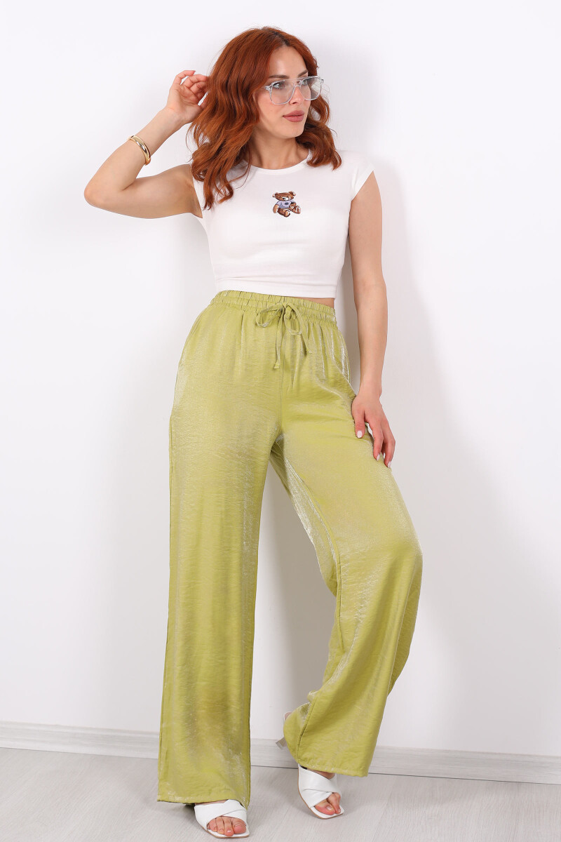 Beli Bağlamalı Bol Paça Işıltılı Saten Fıstık Yeşili Kadın Pantolon - 3