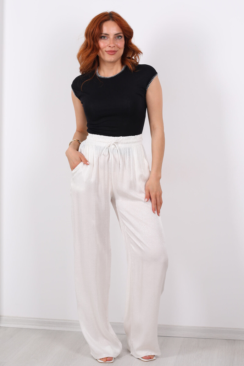 Beli Bağlamalı Bol Paça Saten Jakarlı Ekru Kadın Pantolon - 5