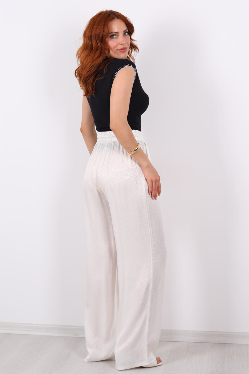 Beli Bağlamalı Bol Paça Saten Jakarlı Ekru Kadın Pantolon - 4