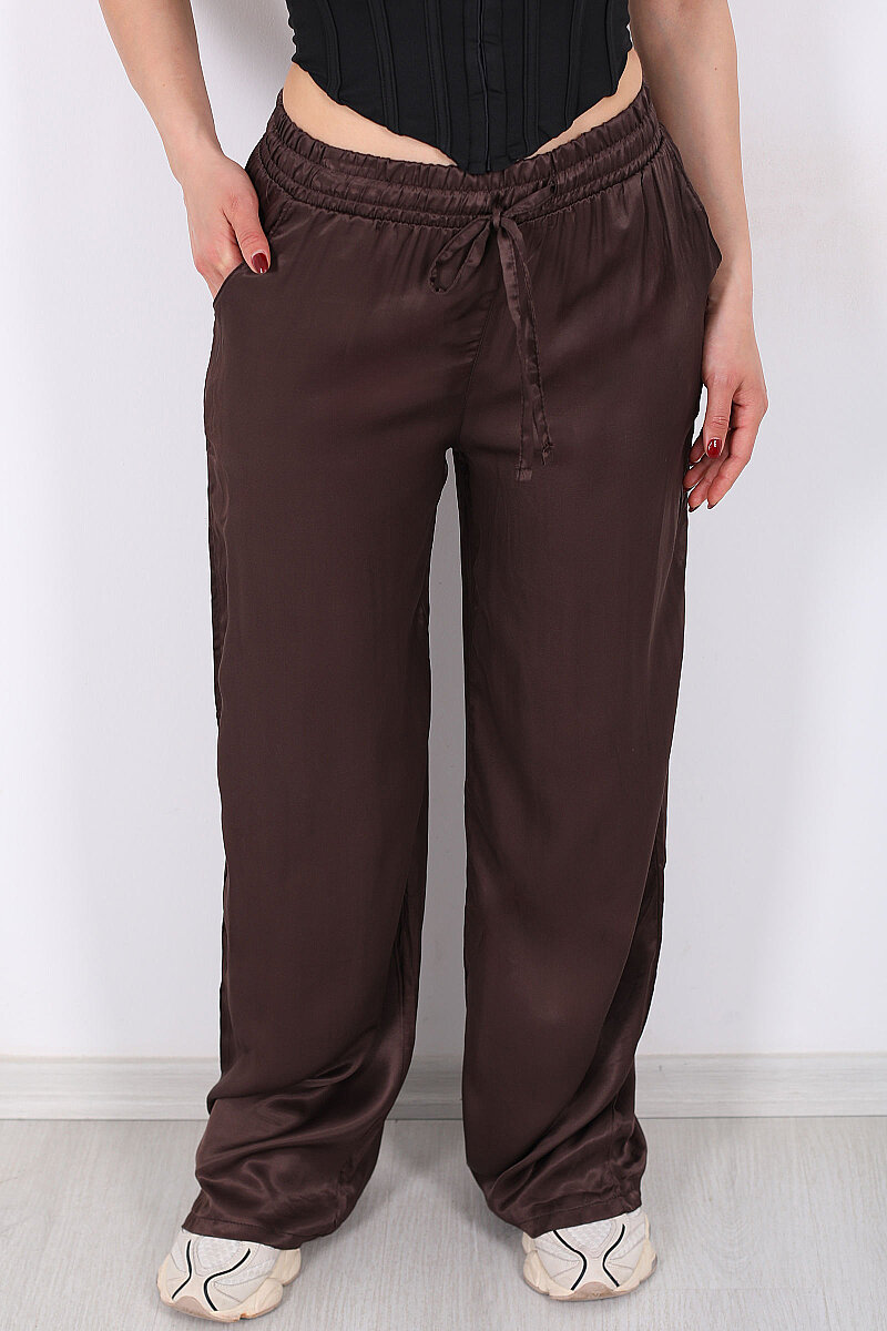 Beli Bağlamalı Bol Paça Işıltılı Saten Kahverengi Kadın Pantolon - 2