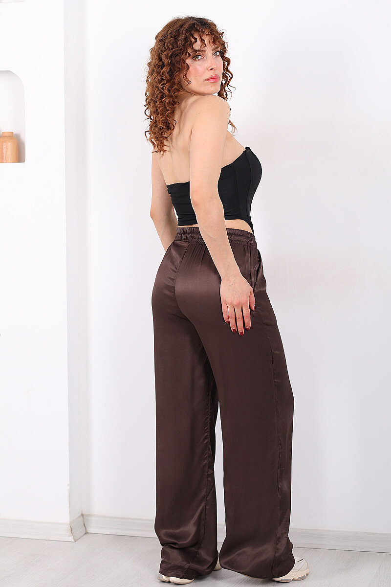 Beli Bağlamalı Bol Paça Işıltılı Saten Kahverengi Kadın Pantolon - 4