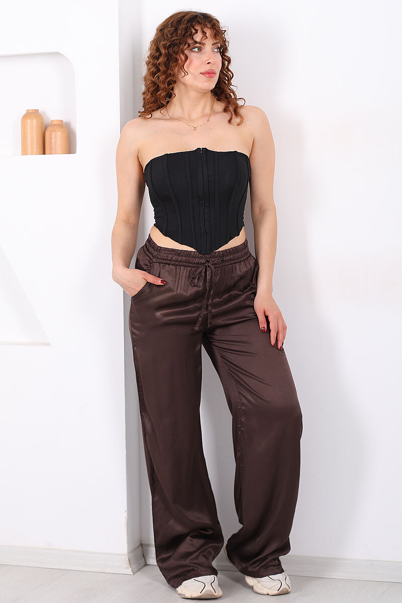 Beli Bağlamalı Bol Paça Işıltılı Saten Kahverengi Kadın Pantolon - 1