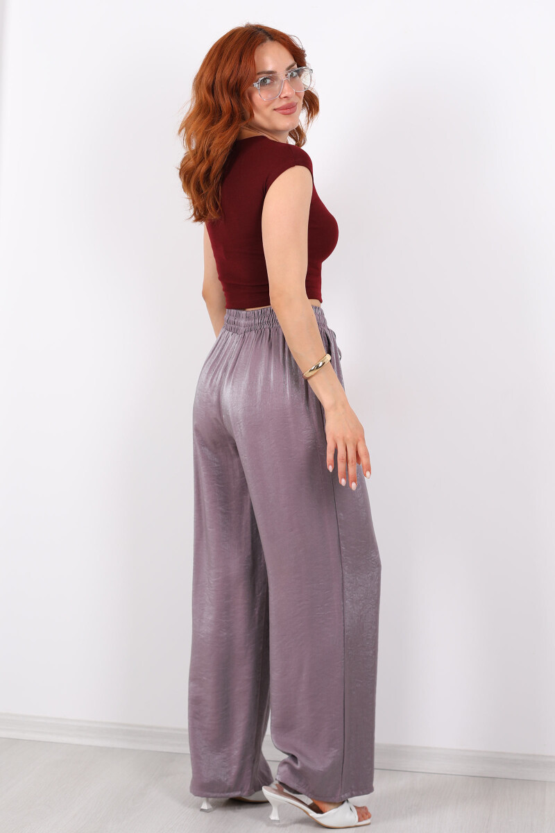 Beli Bağlamalı Bol Paça Işıltılı Saten Lila Kadın Pantolon - 4
