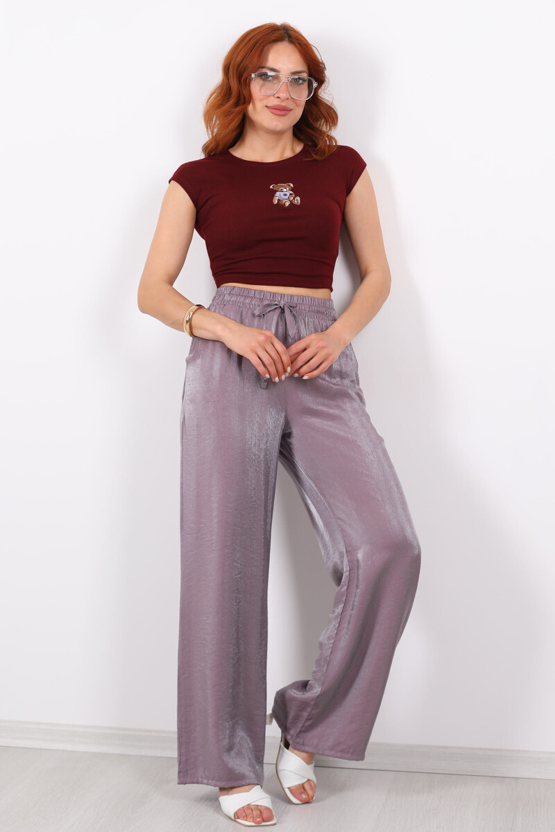 Beli Bağlamalı Bol Paça Işıltılı Saten Lila Kadın Pantolon - 3