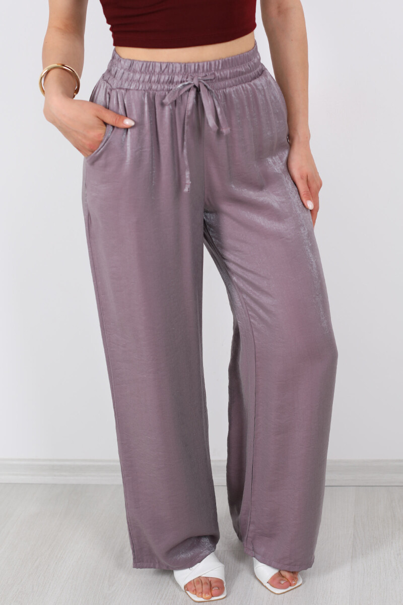 Beli Bağlamalı Bol Paça Işıltılı Saten Lila Kadın Pantolon - 2