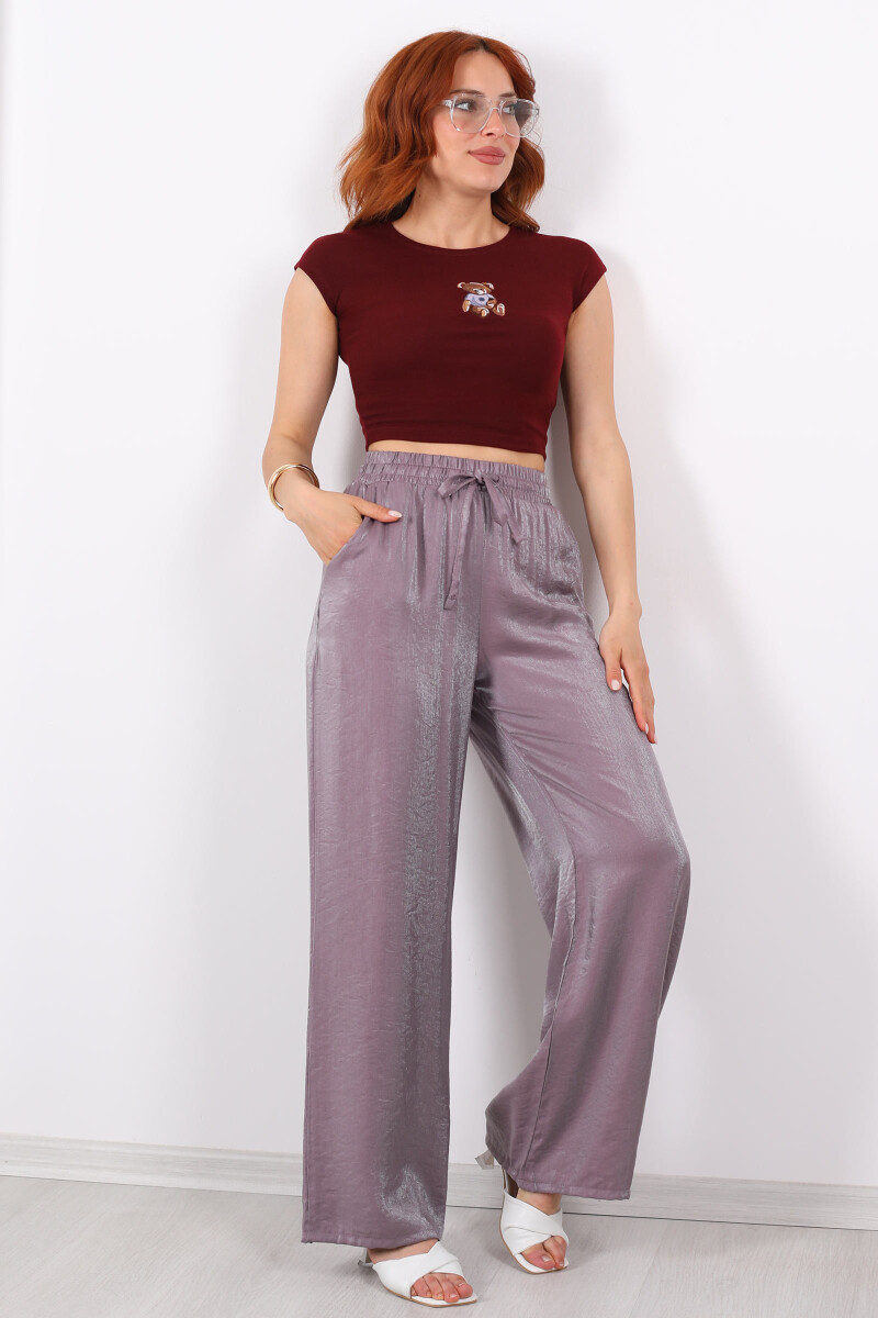 Beli Bağlamalı Bol Paça Işıltılı Saten Lila Kadın Pantolon - 5