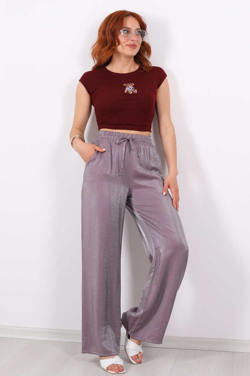 Beli Bağlamalı Bol Paça Işıltılı Saten Lila Kadın Pantolon - 1