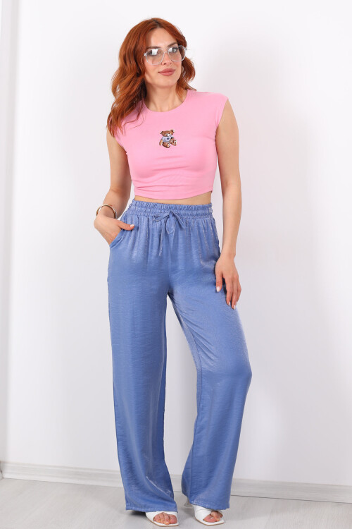 Beli Bağlamalı Bol Paça Işıltılı Saten Marin Kadın Pantolon - 4