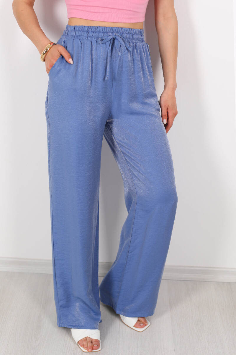 Beli Bağlamalı Bol Paça Işıltılı Saten Marin Kadın Pantolon - 2