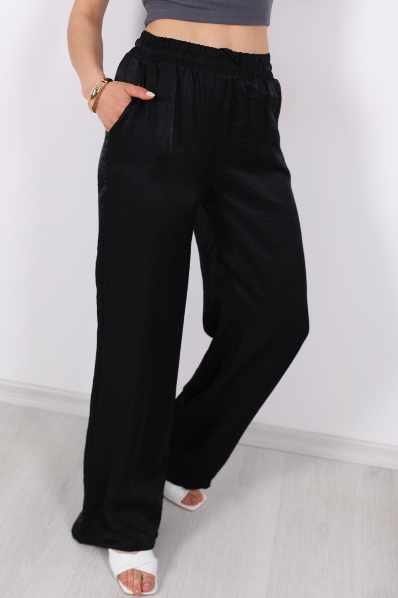 Beli Bağlamalı Bol Paça Işıltılı Saten Siyah Kadın Pantolon - 2
