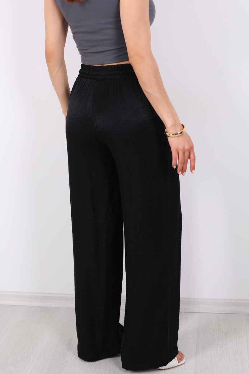 Beli Bağlamalı Bol Paça Işıltılı Saten Siyah Kadın Pantolon - 4