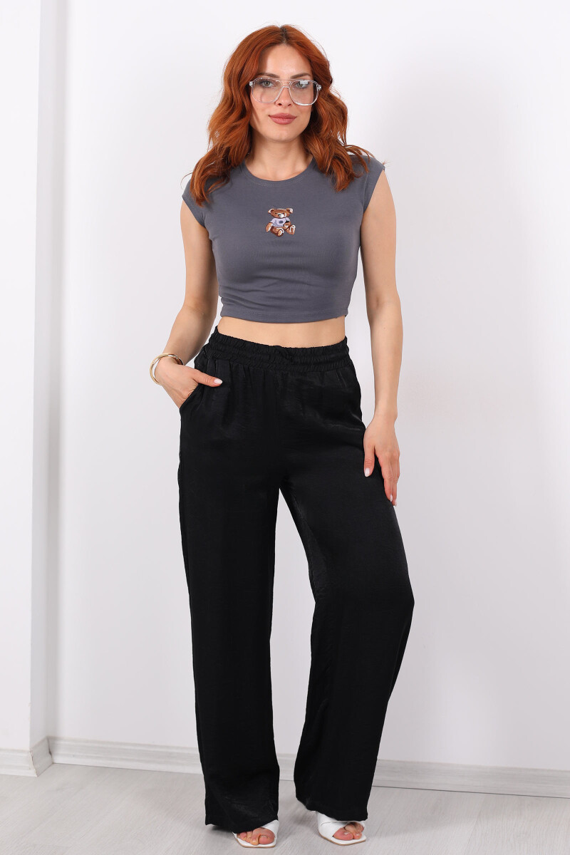 Beli Bağlamalı Bol Paça Işıltılı Saten Siyah Kadın Pantolon - 3