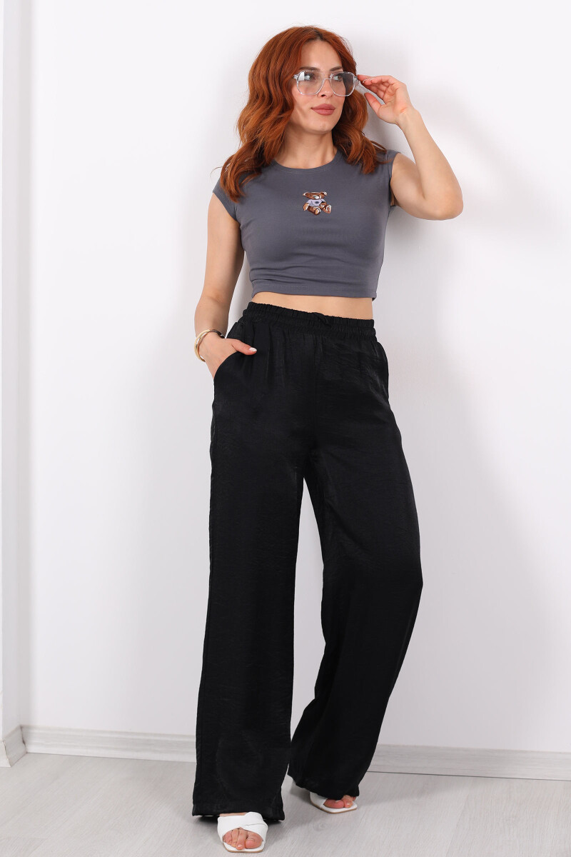 Beli Bağlamalı Bol Paça Işıltılı Saten Siyah Kadın Pantolon - 1