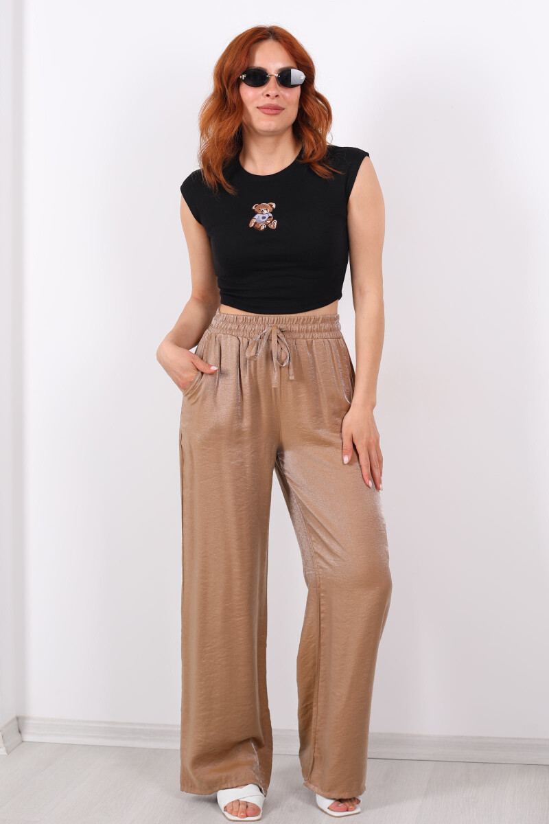 Beli Bağlamalı Bol Paça Işıltılı Saten Taba Kadın Pantolon - 5