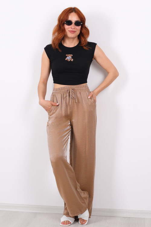 Beli Bağlamalı Bol Paça Işıltılı Saten Taba Kadın Pantolon - 3